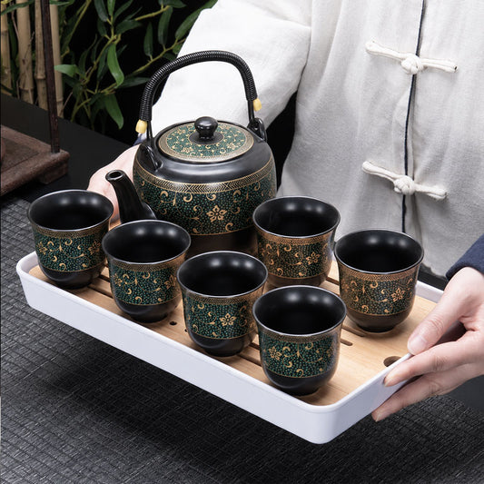 Black Flower Ceramic Tea Set | Japanese Tea Set| Flower Teapot Set