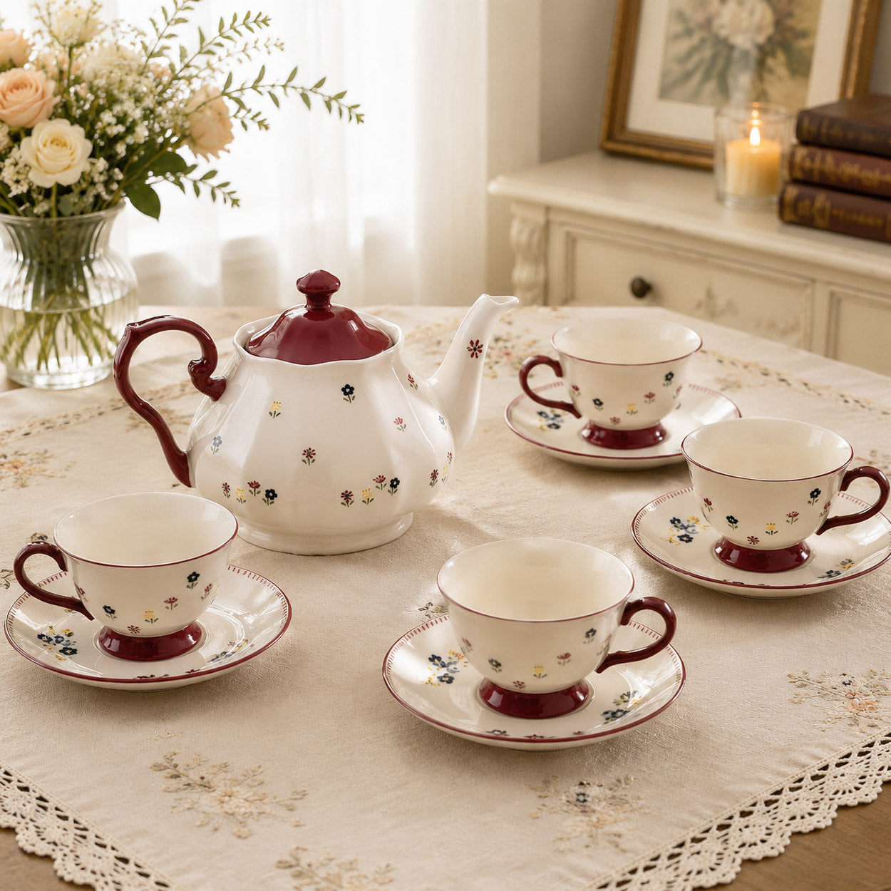 Red Vintage Floral Ceramic Tea Set with Teapot & Cups