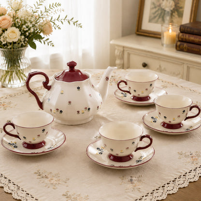 Red Vintage Floral Ceramic Tea Set with Teapot & Cups