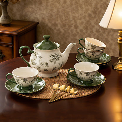 Green Vintage Floral Ceramic Tea Set with Teapot & Cups