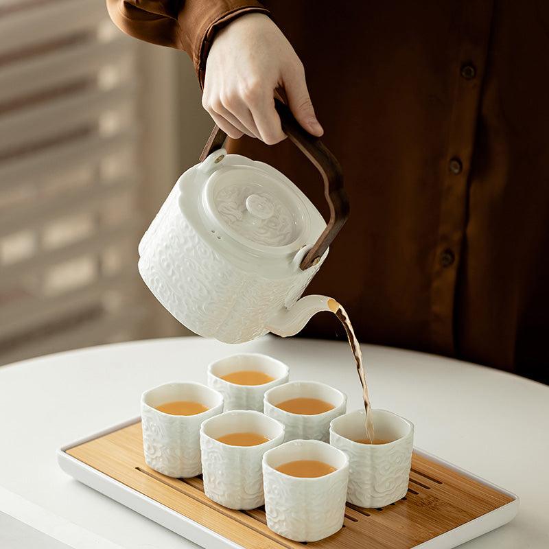 White Embossed Ceramic Tea Set | Kung Fu Tea Set | Teapot and Tea Set - Teas Story