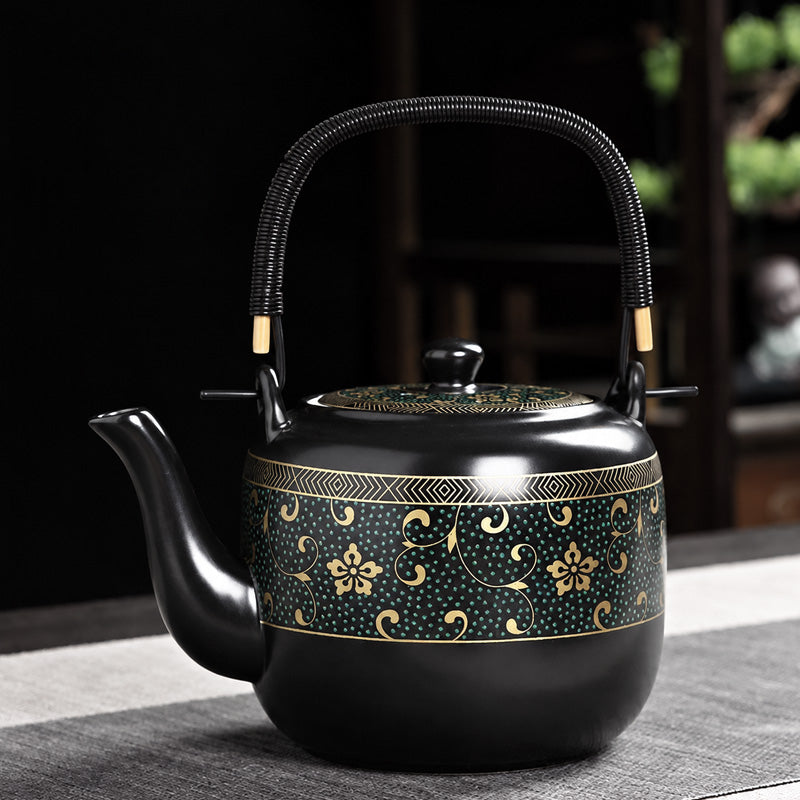 Black Flower Ceramic Tea Set | Japanese Tea Set| Flower Teapot Set