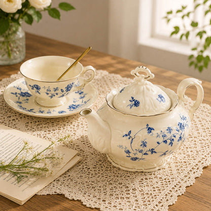 Blue and White Porcelain Tea Set Vintage Coffee Set with Cups Saucers