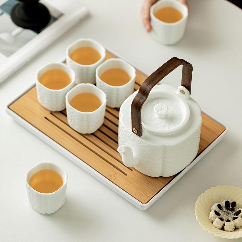 White Embossed Ceramic Tea Set | Kung Fu Tea Set | Teapot and Tea Set - Teas Story