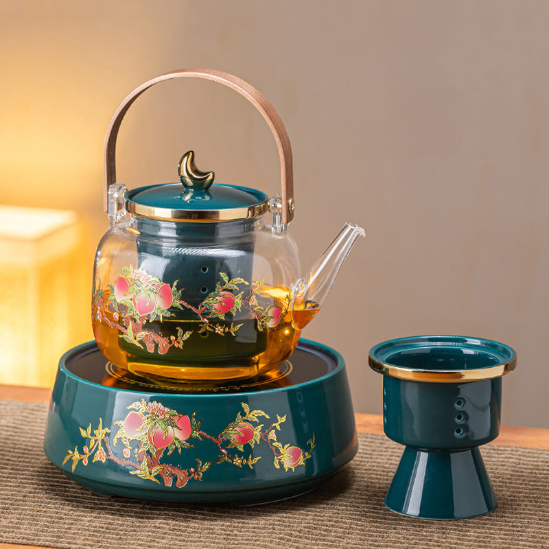 Borosilicate Glass Teapot Ceramic Stove, With Retro Peach Pattern