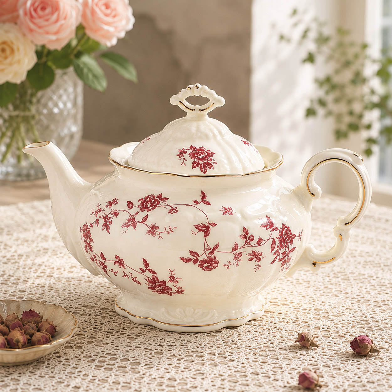 French Vintage-Style Rose Ceramic Tea and Coffee Set Palace Style
