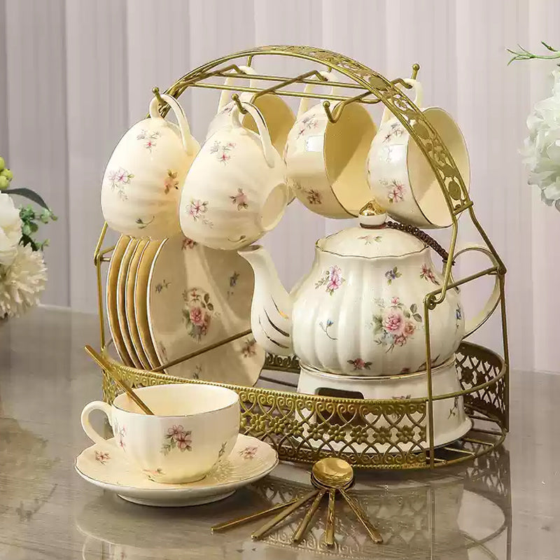 Vintage Ceramic Tea Set, Flower Teapot Set, Candle-Heated Tea Set