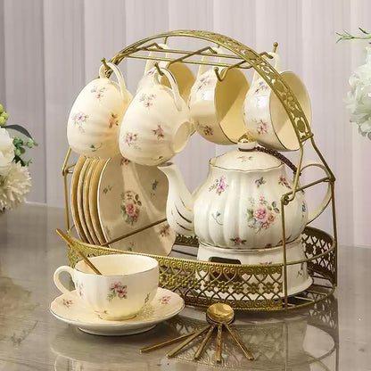 Vintage Ceramic Tea Set, Flower Teapot Set, Candle-Heated Tea Set