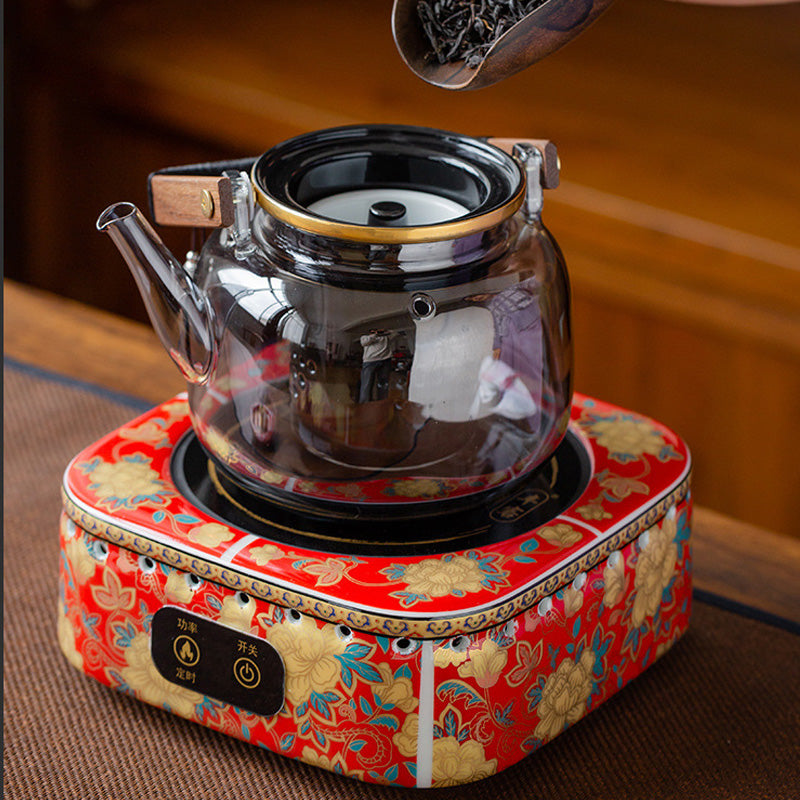 Electric Glass Teapot Ceramic Base – Vintage Floral Design