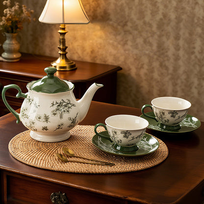 Green Vintage Floral Ceramic Tea Set with Teapot & Cups