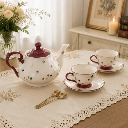 Red Vintage Floral Ceramic Tea Set with Teapot & Cups