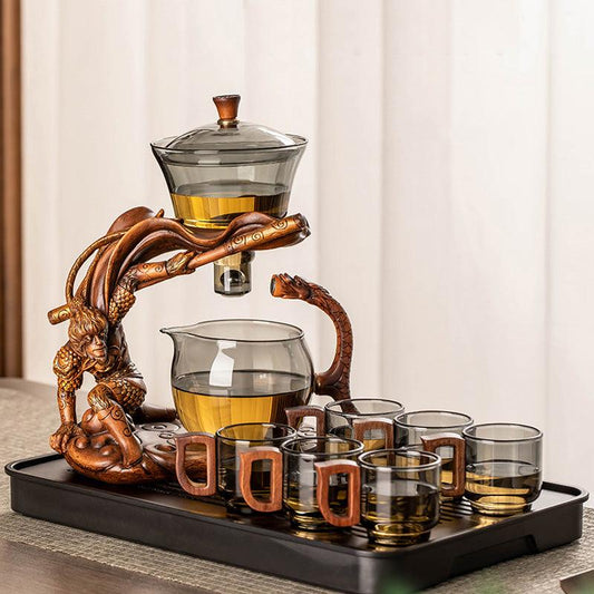 Blue-grey glass Kung Fu tea set | embossed Monkey King base glass tea set
