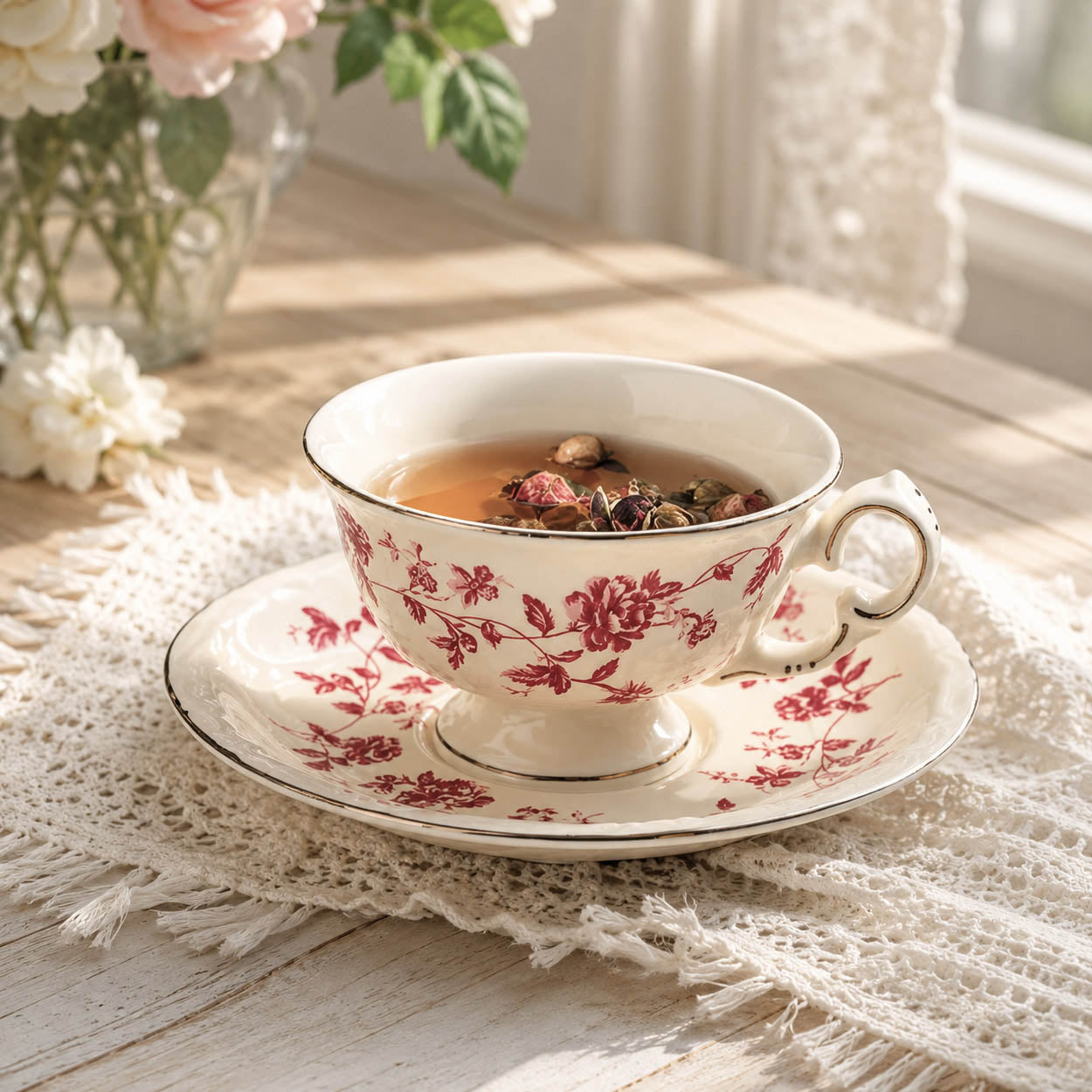 French Vintage-Style Rose Ceramic Tea and Coffee Set Palace Style