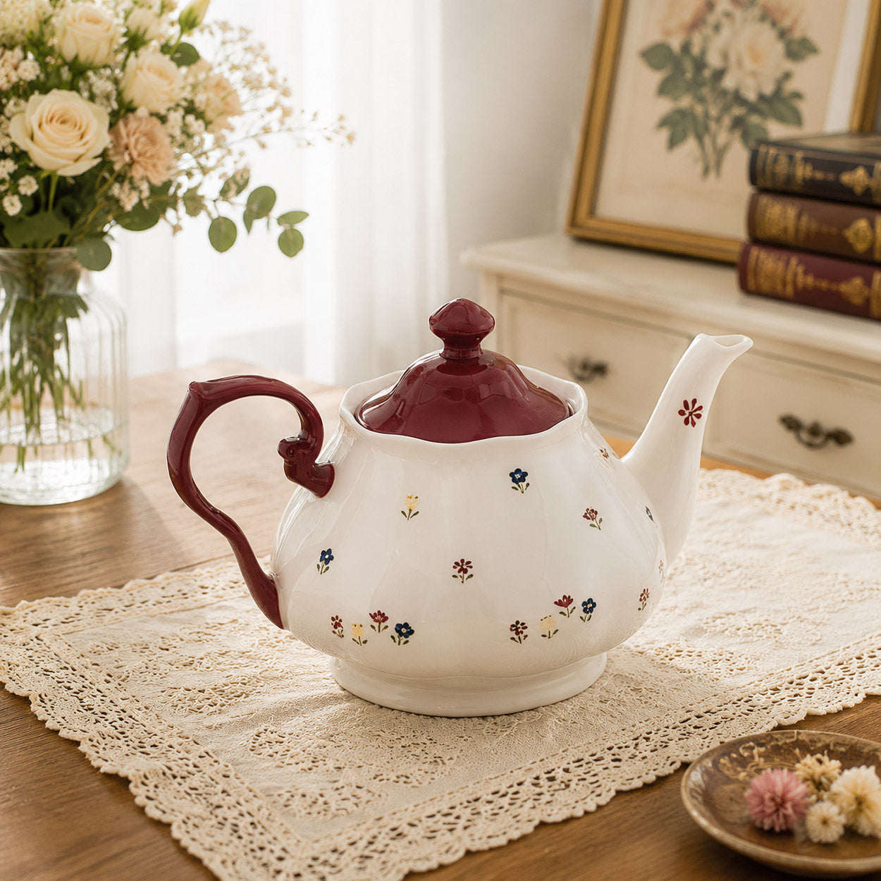 Red Vintage Floral Ceramic Tea Set with Teapot & Cups