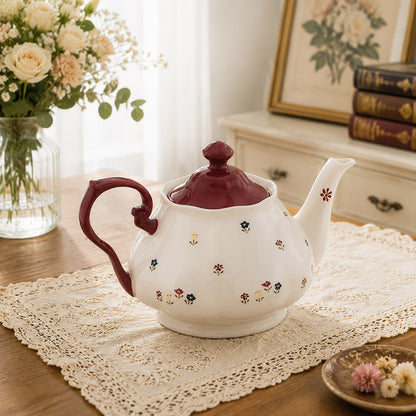 Red Vintage Floral Ceramic Tea Set with Teapot & Cups
