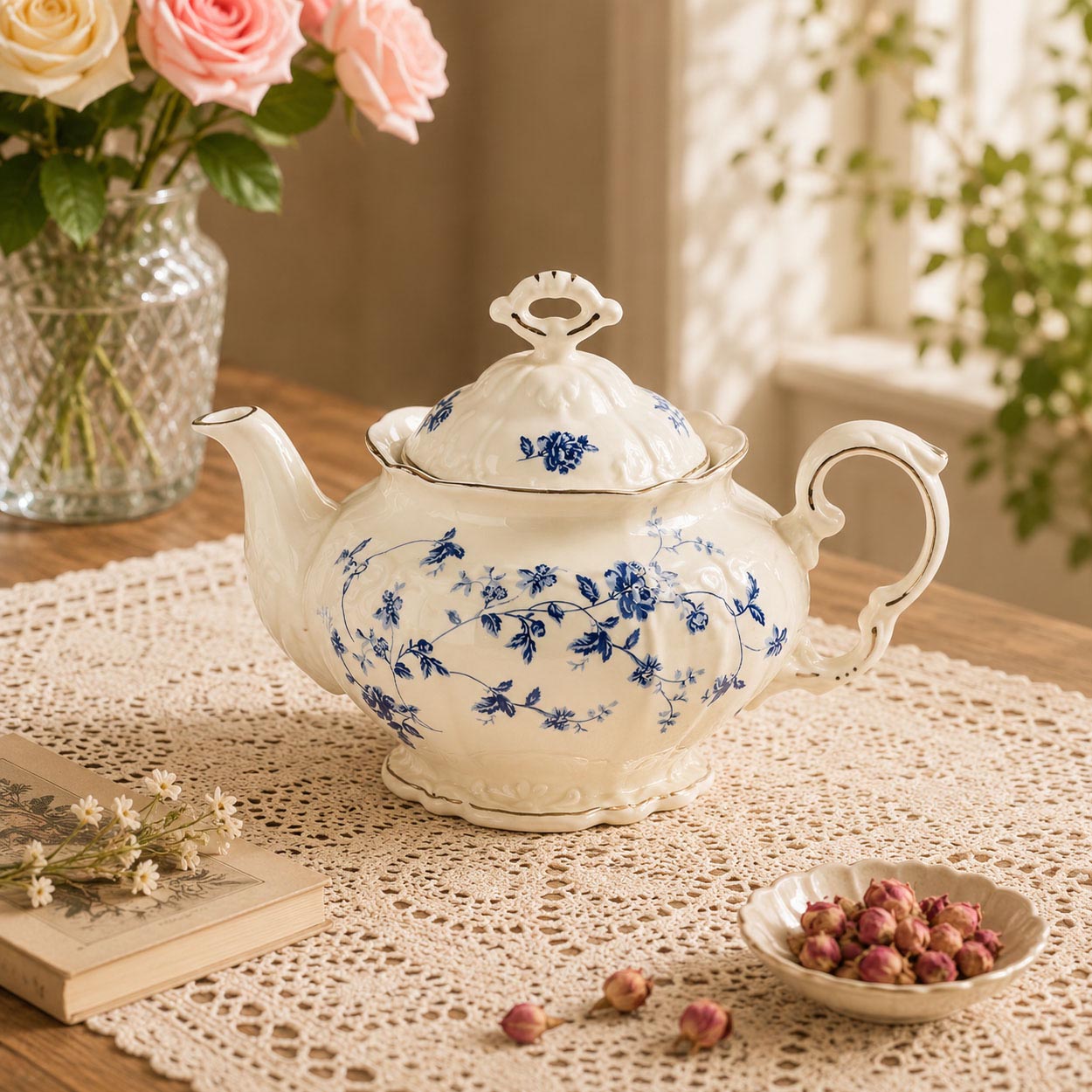 Blue and White Porcelain Tea Set Vintage Coffee Set with Cups Saucers