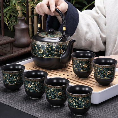 Black Flower Ceramic Tea Set | Japanese Tea Set| Flower Teapot Set
