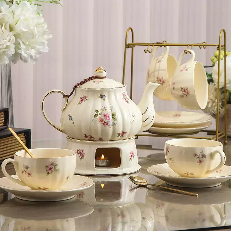 Vintage Ceramic Tea Set, Flower Teapot Set, Candle-Heated Tea Set