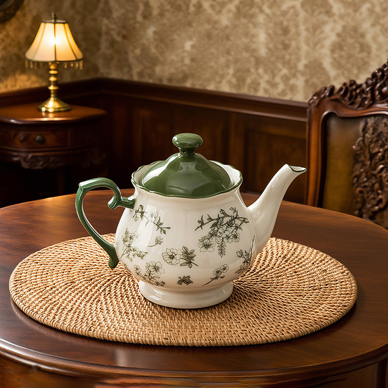Green Vintage Floral Ceramic Tea Set with Teapot & Cups