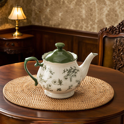 Green Vintage Floral Ceramic Tea Set with Teapot & Cups