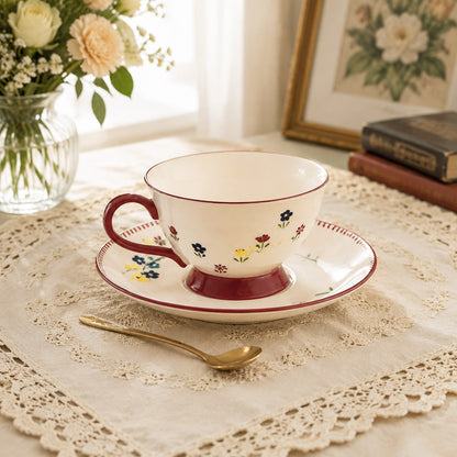 Red Vintage Floral Ceramic Tea Set with Teapot & Cups