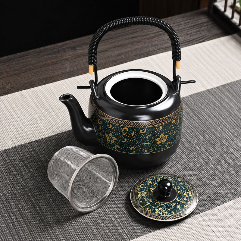Black Flower Ceramic Tea Set | Japanese Tea Set| Flower Teapot Set