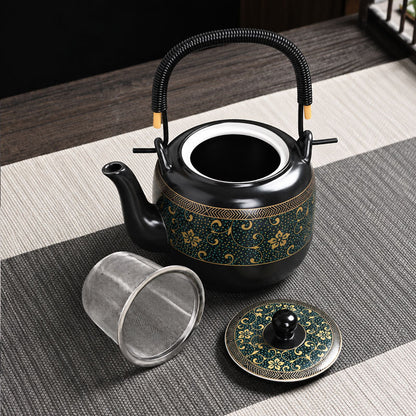 Black Flower Ceramic Tea Set | Japanese Tea Set| Flower Teapot Set