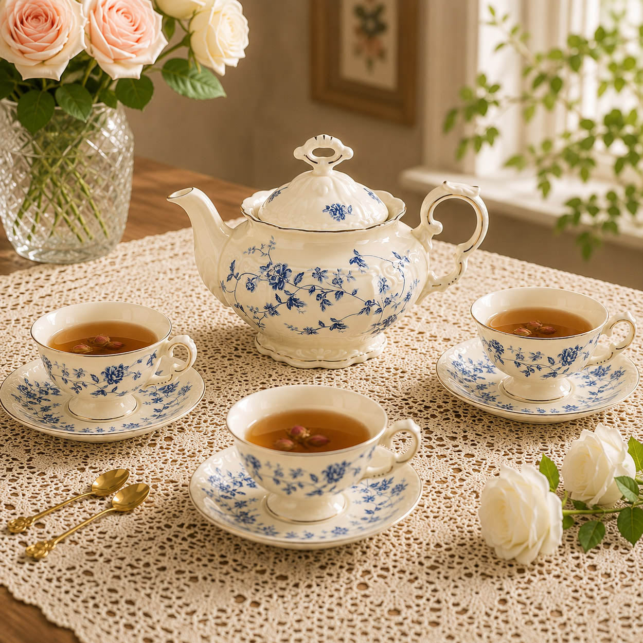 Blue and White Porcelain Tea Set Vintage Coffee Set with Cups Saucers