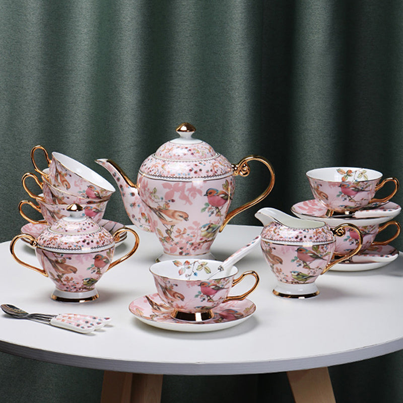 Pink Bird Ceramic Coffee Set, European Tea Set, Afternoon Tea Set