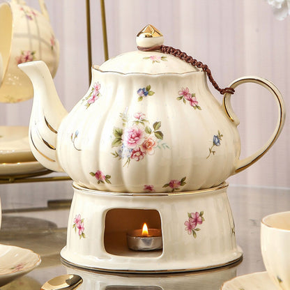 Vintage Ceramic Tea Set, Flower Teapot Set, Candle-Heated Tea Set