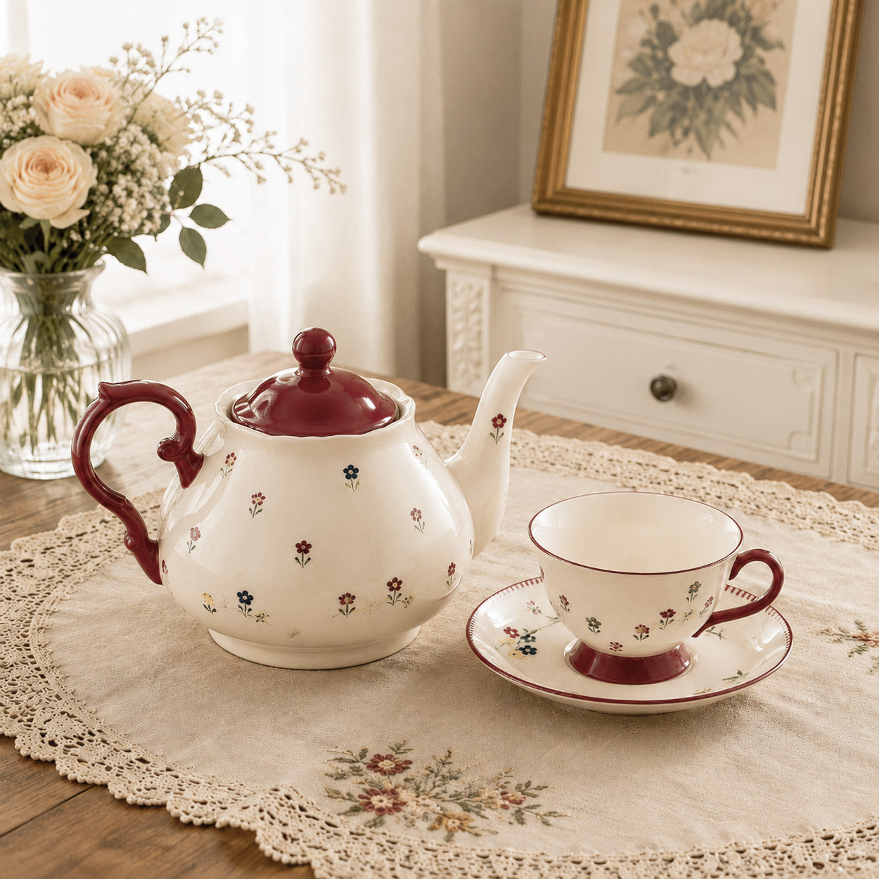 Red Vintage Floral Ceramic Tea Set with Teapot & Cups
