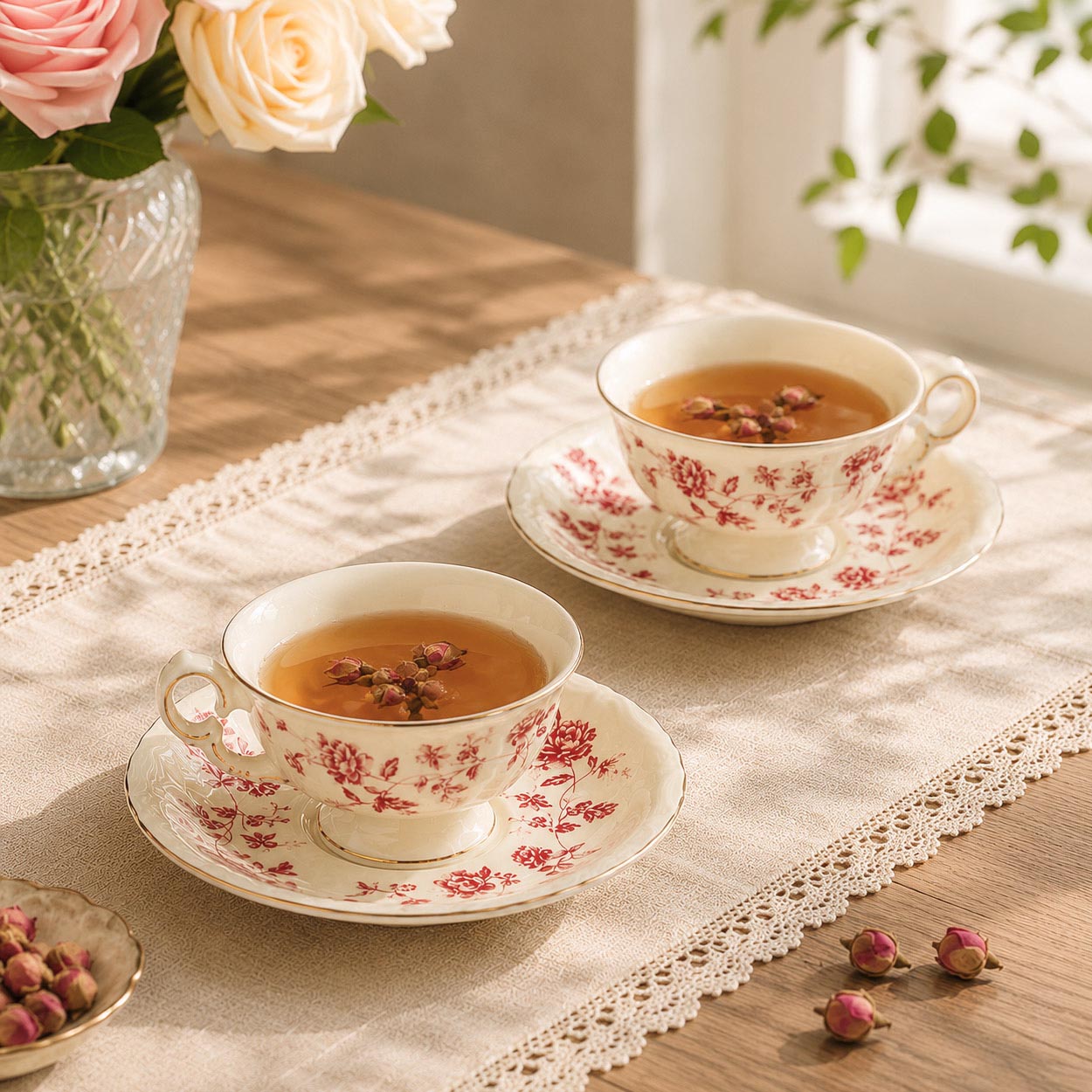 French Vintage-Style Rose Ceramic Tea and Coffee Set Palace Style