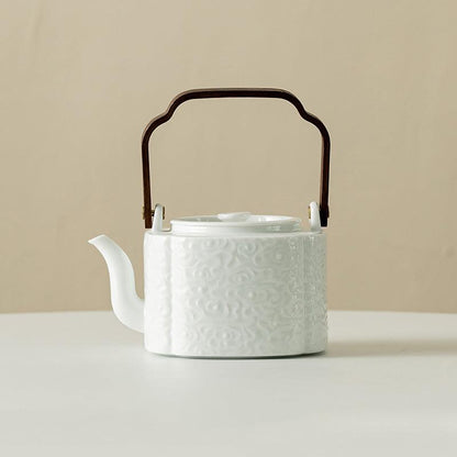 White Embossed Ceramic Tea Set | Kung Fu Tea Set | Teapot and Tea Set - Teas Story