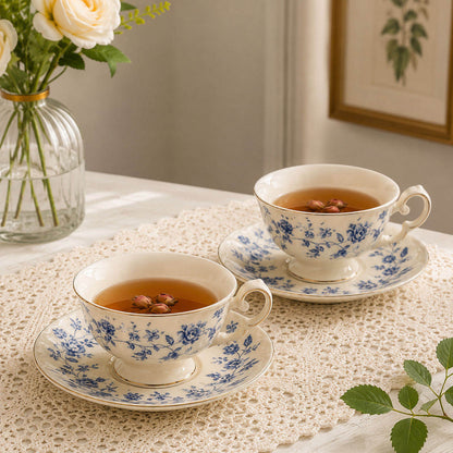 Blue and White Porcelain Tea Set Vintage Coffee Set with Cups Saucers