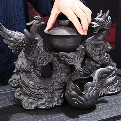 Ceramic automatic tea set with embossed dragon and phoenix