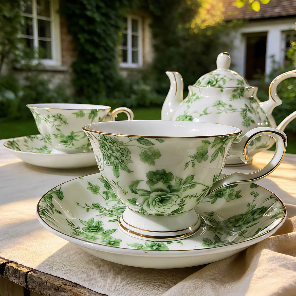 Green Rose Fine Bone China Coffee Set – Elegant Afternoon Tea Set