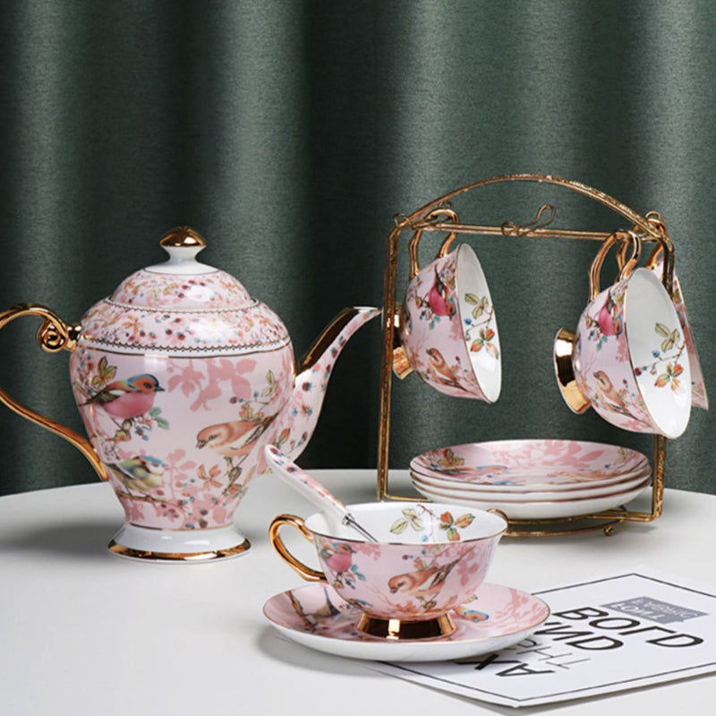 Pink Bird Ceramic Coffee Set, European Tea Set, Afternoon Tea Set