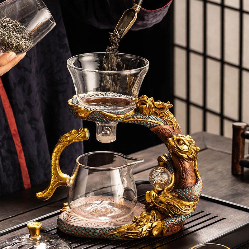 Embossed auspicious dragon glass automatic tea set | magnetic tea maker - Teas Story