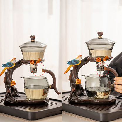 Grey glass lazy tea set | magnetic bird base automatic teapot