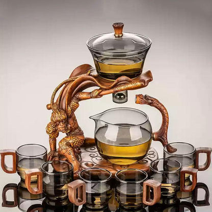 Blue-grey glass Kung Fu tea set | embossed Monkey King base glass tea set