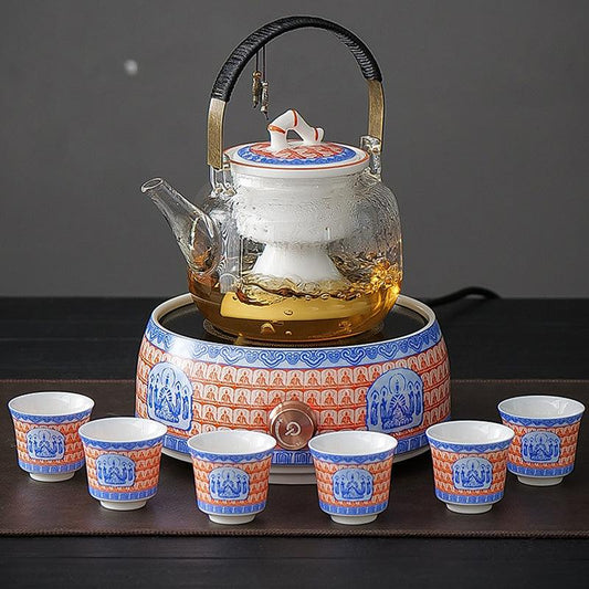 Thousand Buddha Zen Retro Glass Tea Set | Electric Tea Warmer Set - Teas Story