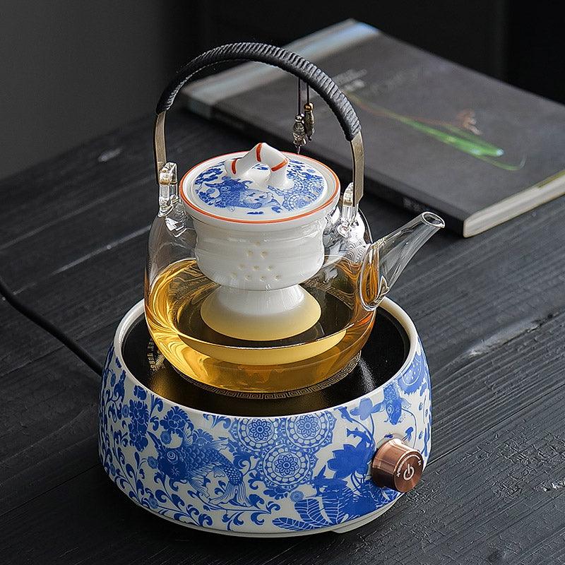 Blue White Koi Tea Set - Electric Tea Warmer | Teapot With Infuser - Teas Story