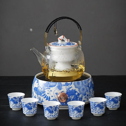 Blue White Koi Tea Set - Electric Tea Warmer | Teapot With Infuser - Teas Story