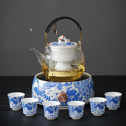 Blue White Koi Tea Set - Electric Tea Warmer | Teapot With Infuser - Teas Story