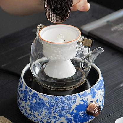 Blue White Koi Tea Set - Electric Tea Warmer | Teapot With Infuser - Teas Story