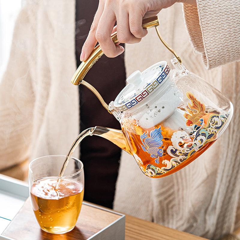 White Koi Glass Tea Set | Electric Tea Warmer | Teapot with Infuser - Teas Story