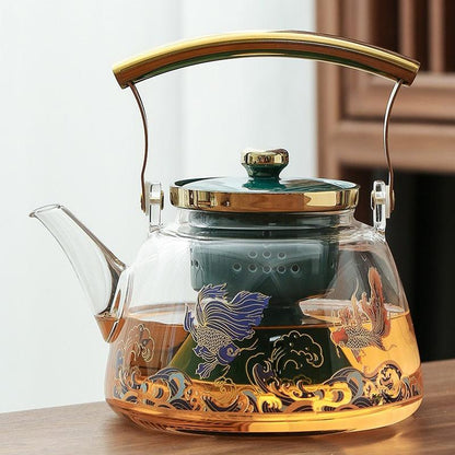 Green Koi Glass Tea Set | Electric Tea Warmer | Teapot with Infuser - Teas Story