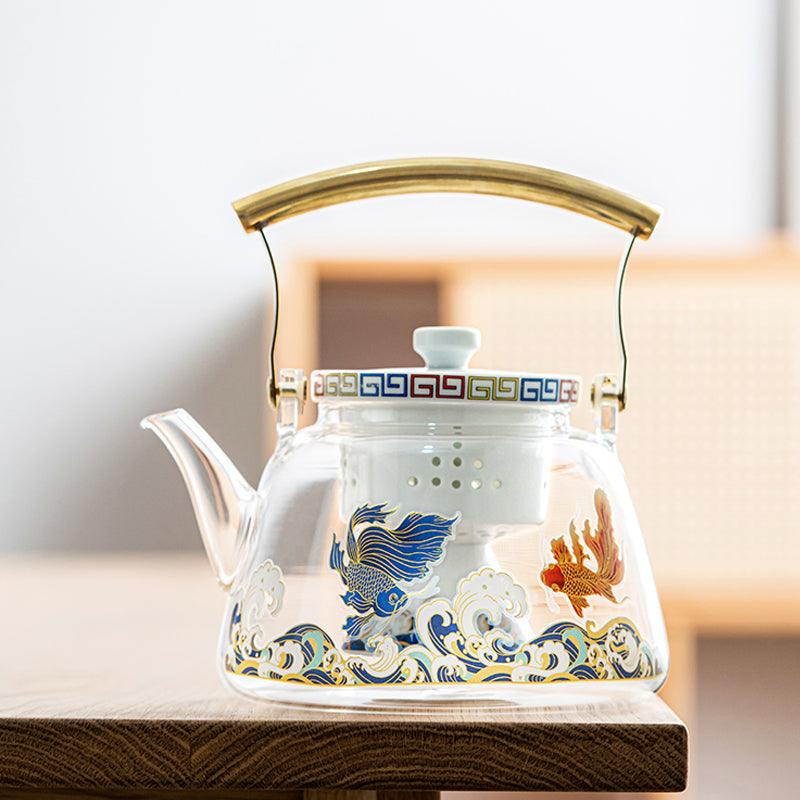 White Koi Glass Tea Set | Electric Tea Warmer | Teapot with Infuser - Teas Story