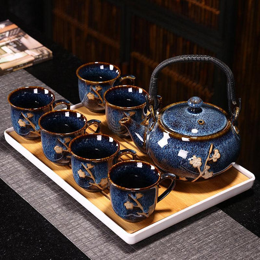 Kiln-glazed blue tea set