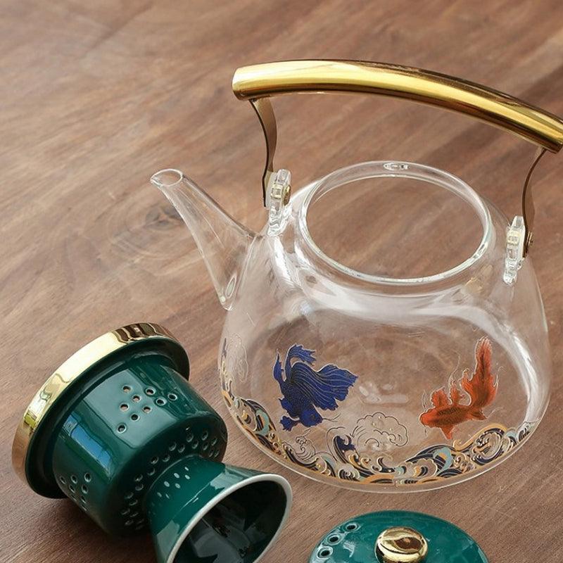 Green Koi Glass Tea Set | Electric Tea Warmer | Teapot with Infuser - Teas Story